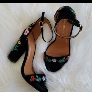 Embroidered floral black block heels